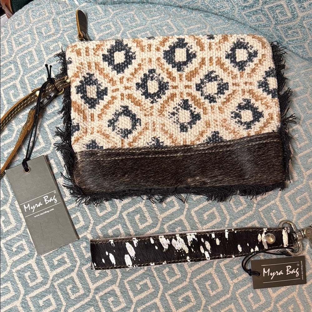 Myra Bag Beige and Black Geometric Clutch with wristlet keychain